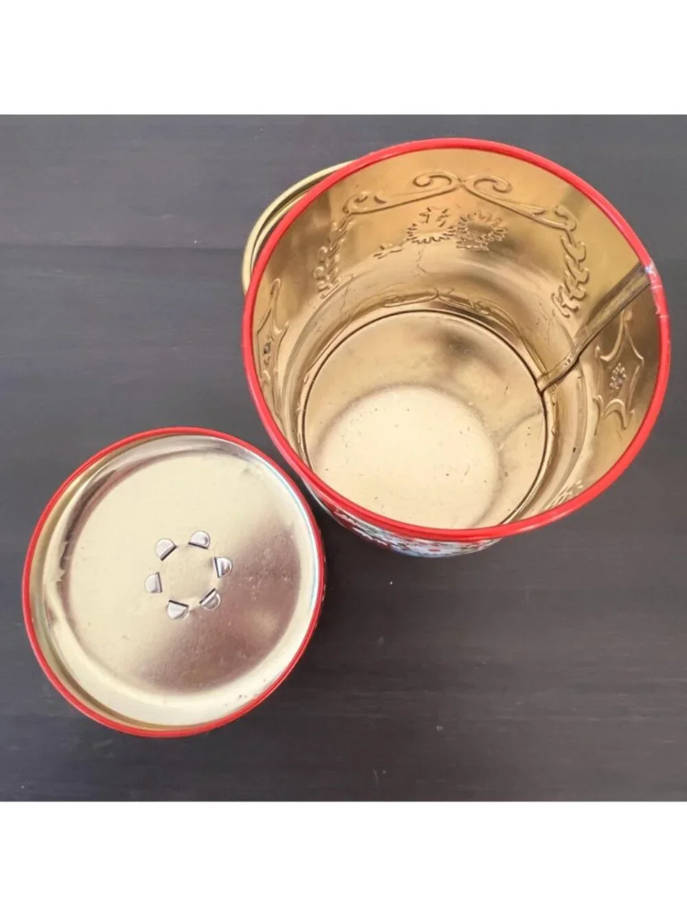 Vintage Murray Allen Handled Metal Candy Tin // Round Floral Lidded Canister // - Picture 7 of 8